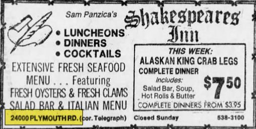Pauls Steak House - Dec 1978 Shakespearers (newer photo)